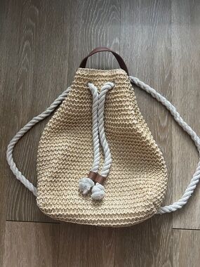 Woven Straw Drawstring Backpack - Natural